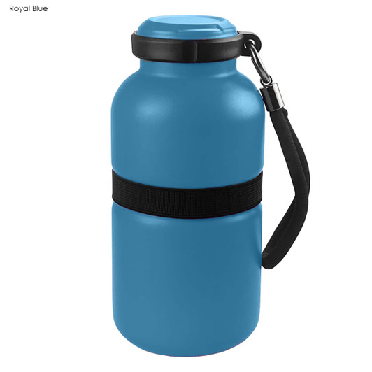 A drink bottle in royal blue with a black strap and a black band around the middle, featuring a logo on the side.