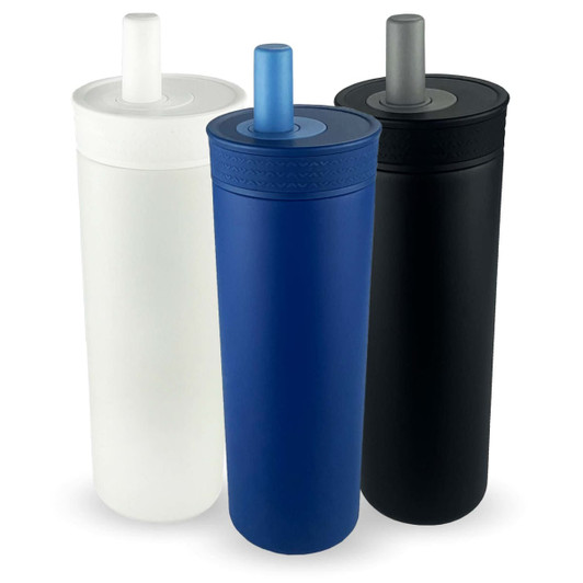 A drink bottle set featuring three tumblers in white, navy blue, and black, each with a straw and a logo.