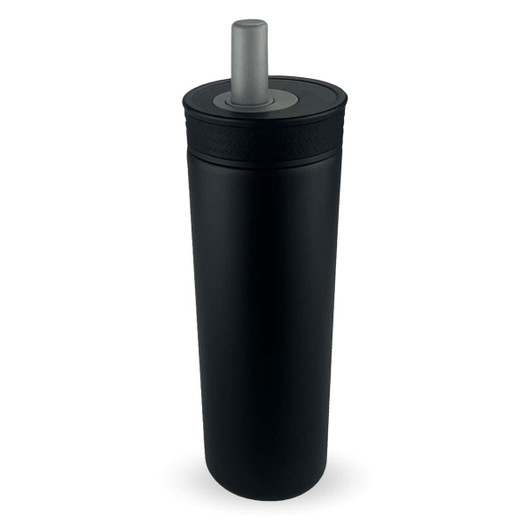 A drink bottle in matte black with a silver lid and a logo on the side.