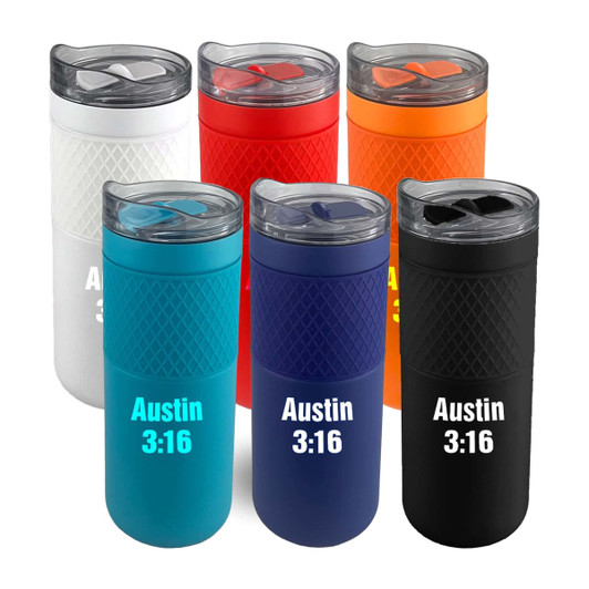 A drink bottle assortment featuring six vacuum tumblers in white, red, orange, black, teal, and navy with lids.