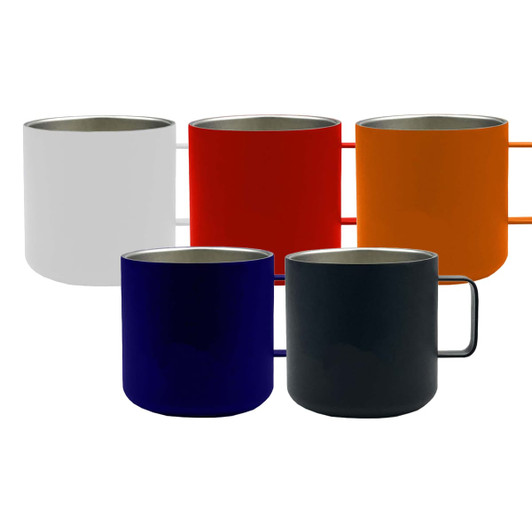 A set of five stainless steel coffee cups in white, red, orange, navy, and black, each with a handle.