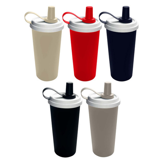 A drink bottle collection featuring double wall plastic tumblers in red, navy, black, beige, and an off-white lid.