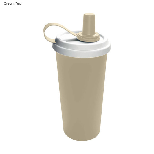 A drink tumbler in cream colour with a white lid and flexible straw, featuring a logo on the side.