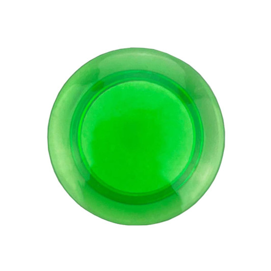 A round, transparent green plastic button magnet with a smooth surface. It features a logo in the centre.