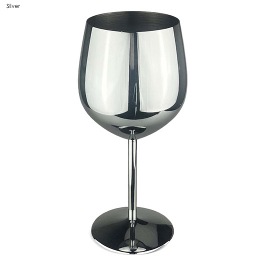 A stainless steel wine glass in a shiny silver finish, featuring a sleek design and a sturdy base.