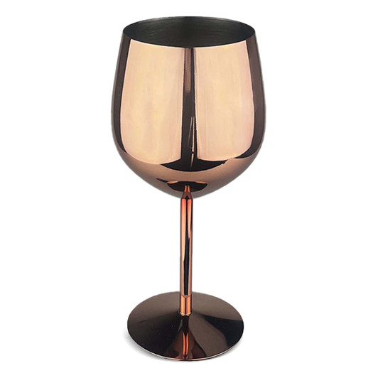 A stainless steel wine glass in a rose gold finish with a sleek, modern design and a pedestal base.