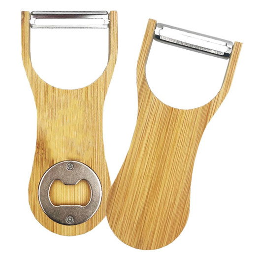 A drink bottle opener and peeler made from bamboo, featuring a silver metal blade and a circular opener.
