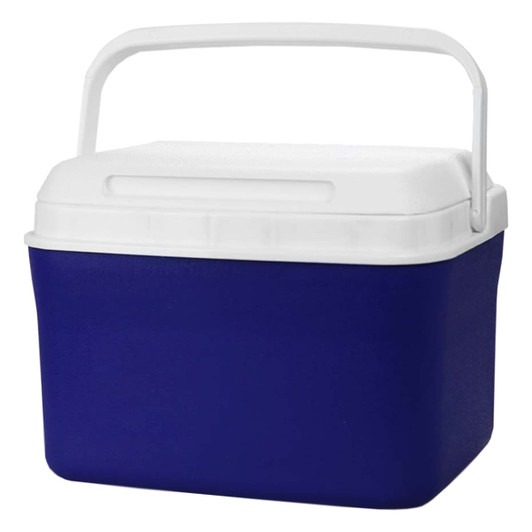 A cooler box with a navy blue body and a white lid, featuring a handle for easy carrying.