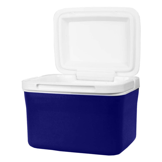 A blue cooler box with a white lid, featuring a sturdy design and a logo. Capacity of 4.5 litres.