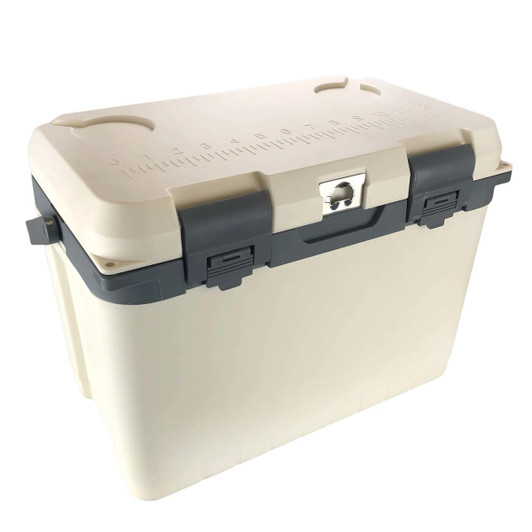 A cream and grey cooler box with a secure latch and measuring gauge on the lid. It features a logo on the side.