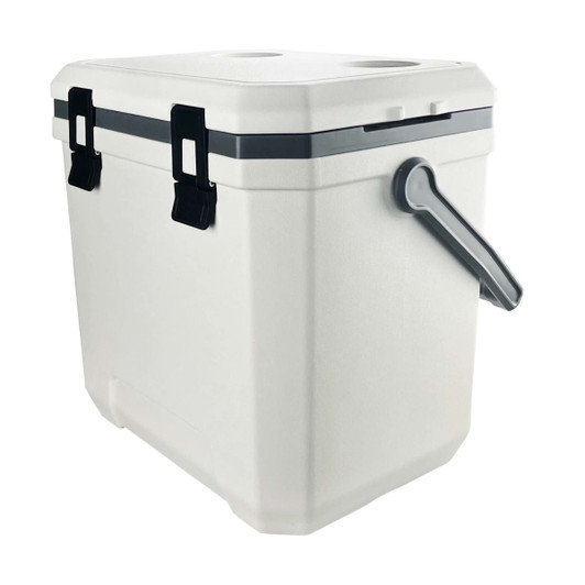 A white cooler box with grey accents and handles, featuring a secure latch system.