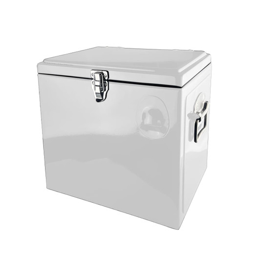 A white metal ice cooler box with a chrome latch and handle, featuring a logo on the side.
