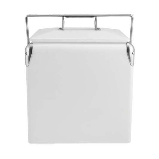 A white metal cooler box with a stainless steel handle. The design is sleek and retro-inspired.