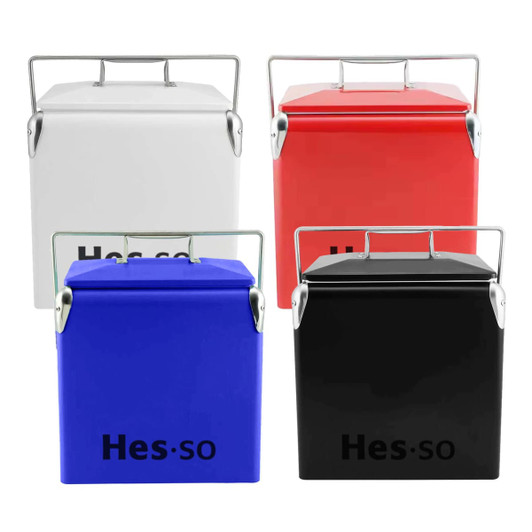 A set of four retro metal ice cooler boxes in white, red, blue, and black, each with a handle and logo.