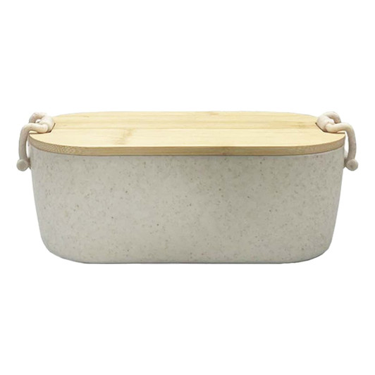 A bamboo lunch box in light grey with a bamboo lid and decorative handles. Includes a logo on the side.