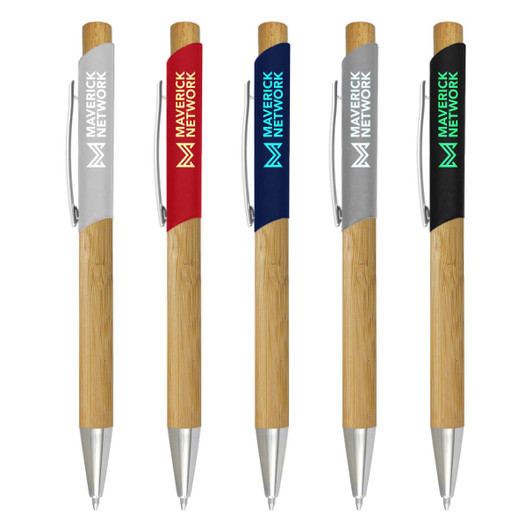 A set of five French bamboo pens in silver, red, blue, and black, featuring a logo on each pen.