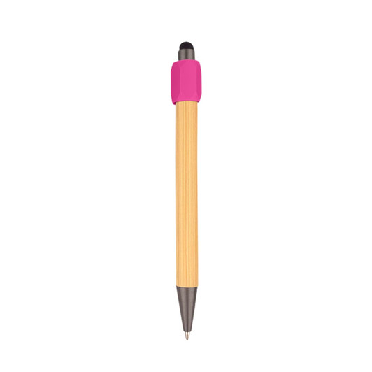 A bamboo stylus pen with a pink cap and silver tip. The pen features a simple, natural design.