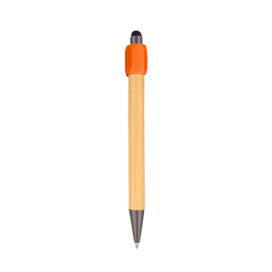 A bamboo stylus pen with an orange top and a silver tip, featuring a simple design and a branding logo.