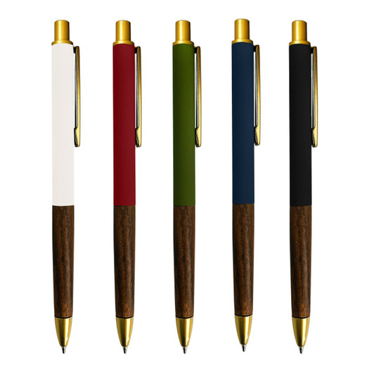 A collection of five Zavier Metal Pens in white, red, green, navy, and black with wooden accents and a logo.