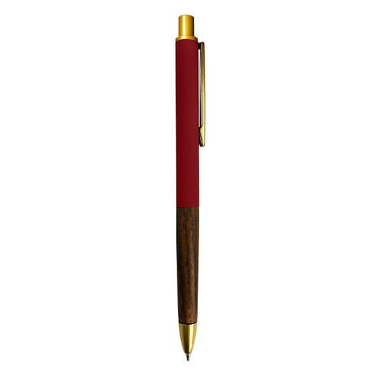 A metal pen featuring a red finish and a wooden accent, with a gold clip and tip.
