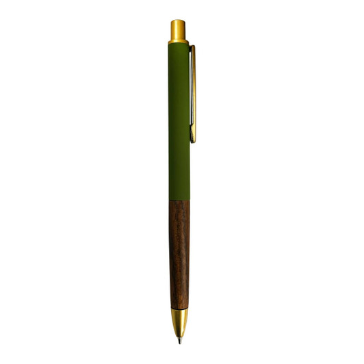 A metal pen featuring a green upper section and a brown wooden lower section, with a gold clip and tip.