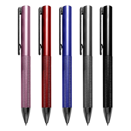 A collection of five metal pens in pink, red, blue, silver, and black, each featuring a textured grip and a logo.