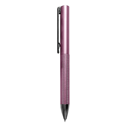 A pink metal pen with a textured grip and a clip, featuring branding on the side.