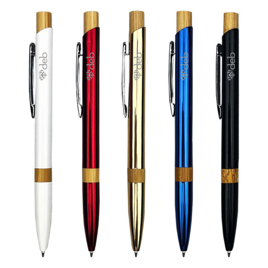 A selection of metal pens in white, red, gold, blue, and black, featuring bamboo accents and a logo.