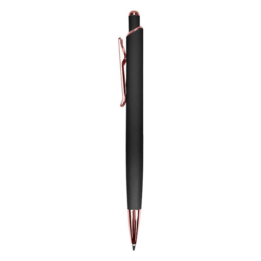A metal pen with a sleek black body and rose gold accents, featuring a clip and a smooth writing tip.