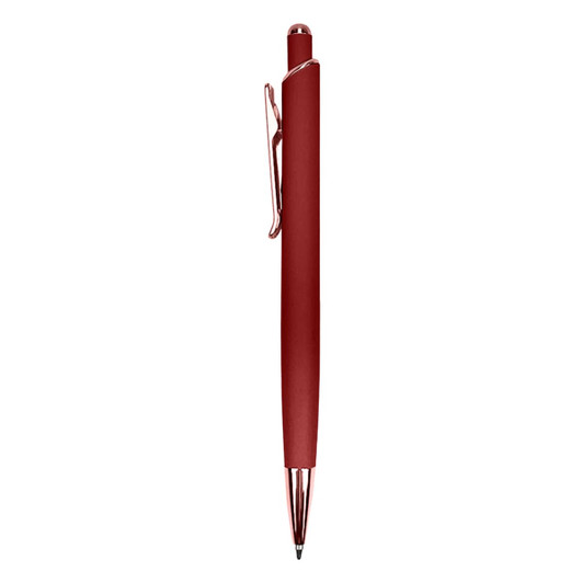 A red metal pen with a sleek design and a clip. The pen features a shiny tip and a smooth finish.