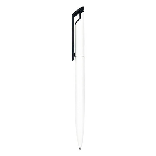 A white metal pen with a black clip, featuring a sleek design and a branding logo.