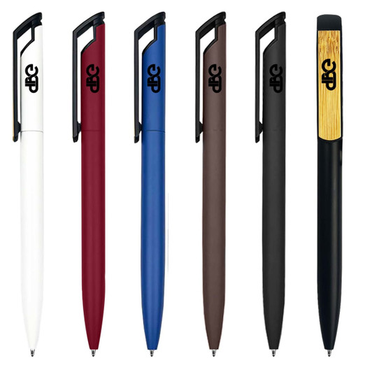 A collection of Canberra metal pens in white, red, blue, brown, black, and bamboo design, featuring a logo on each.