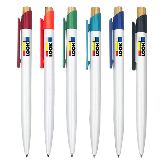 A set of six plastic pens featuring white barrels with coloured accents in red, orange, green, blue, and black, each with a clip and branding.
