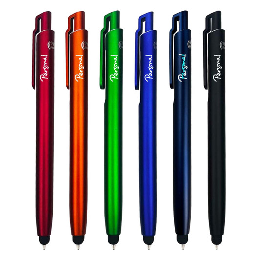 A collection of stylus pens in red, orange, green, blue, and black, featuring a logo on each pen.