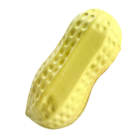 A yellow stress peanut with a textured surface, shaped like a nut. It has a glossy finish and includes a logo.