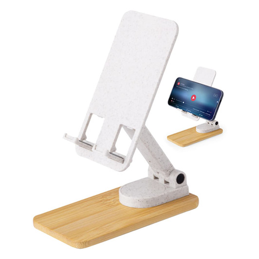 A phone stand featuring a white plastic holder and a bamboo base, designed for mobile devices.