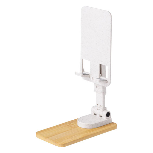 A white mobile stand with a bamboo base, designed to hold smartphones and tablets.