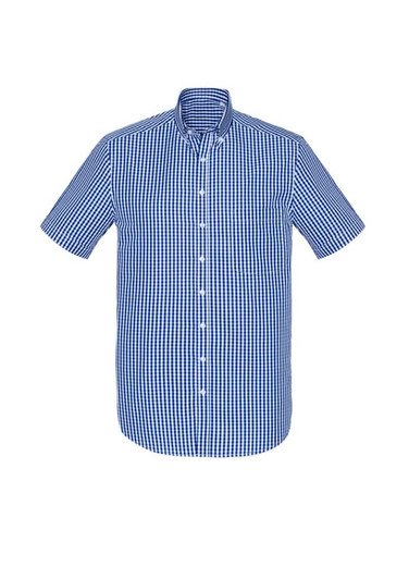 A short sleeve, button-up shirt featuring a blue and white gingham check pattern. Includes a collar and front buttons.