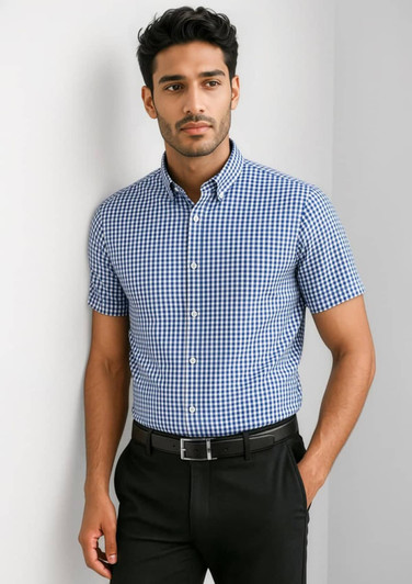 A short sleeve button-up shirt featuring a blue and white gingham pattern, complemented by a collar and a branding logo.