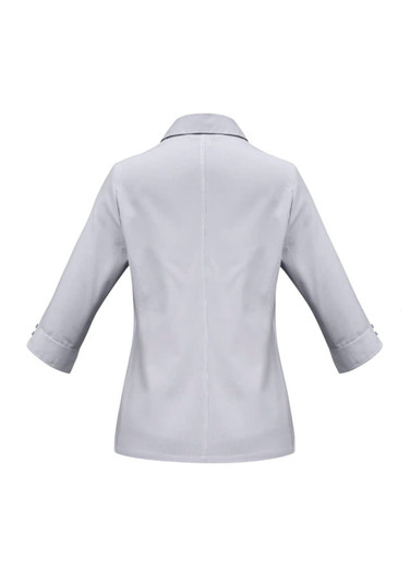 A light grey women's button-up shirt with 3/4 sleeves and a standard collar, featuring a back seam design.
