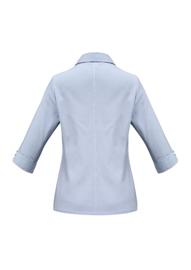 A light blue women's button-up shirt with 3/4 sleeves and a collar, featuring a logo on the back.