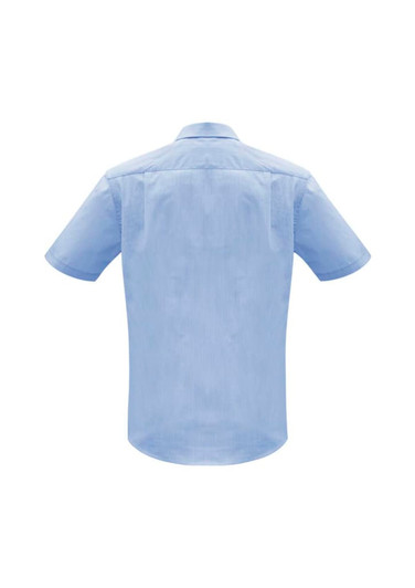 A light blue short sleeve button-up shirt with a back yoke and collar. Features a logo on the upper back.