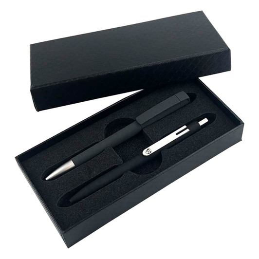 A black gift box containing a black pen and a silver pen, secured in foam padding.