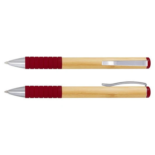 A bamboo twist pen with a natural wooden body and red rubber grip, featuring silver accents and a clip.