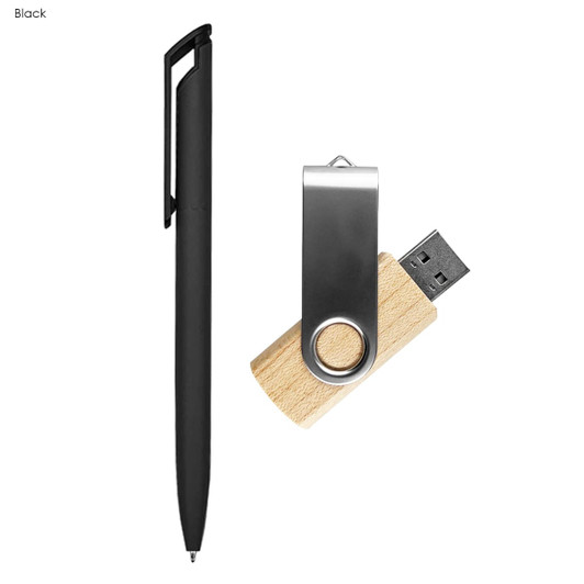 A black pen and a wooden USB drive with a silver clip, featuring a logo.