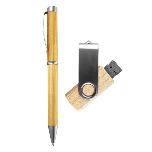 A bamboo pen and a wooden USB drive with a silver clip, both featuring a sleek design.