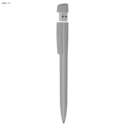 A grey pen with a built-in USB drive, featuring a sleek design and a push-button mechanism.