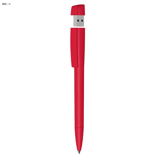 A red pen with a USB drive cap, featuring a sleek design and a branded logo.