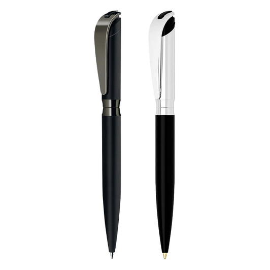 A metal pen gift set featuring a sleek black pen and a silver-accented pen, both with a logo.