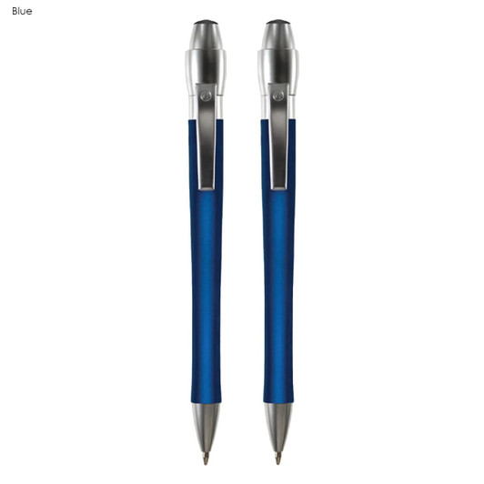 A blue metal pen gift set with a sleek design and a silver clip, featuring two matching pens.